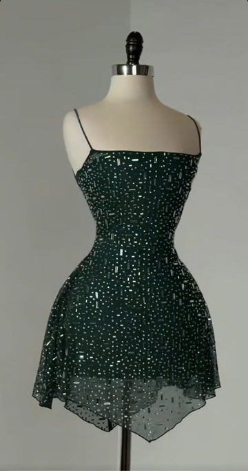 Niulatu Sheath Spaghetti Strap Formal Dress Short Party Dress Chiffon Dark Green Homecoming Dress HZ1026